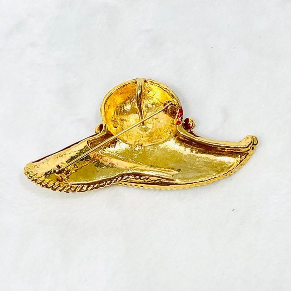 Vintage Red Hat Enameled Brooch w/AB Crystals - Large Brooch - Picture 6 of 6